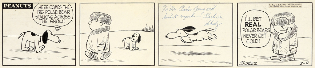 (CARTOONS / CHARLIE BROWN / SNOOPY / PEANUTS.) CHARLES M. SCHULZ. Here comes the big Polar Bear stalking across the snow!